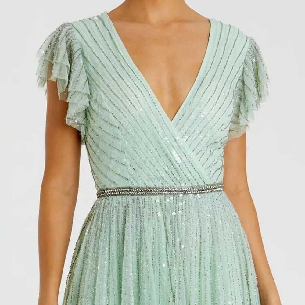 Mac Duggal Mint Sequin Gown with Flutter Sleeves